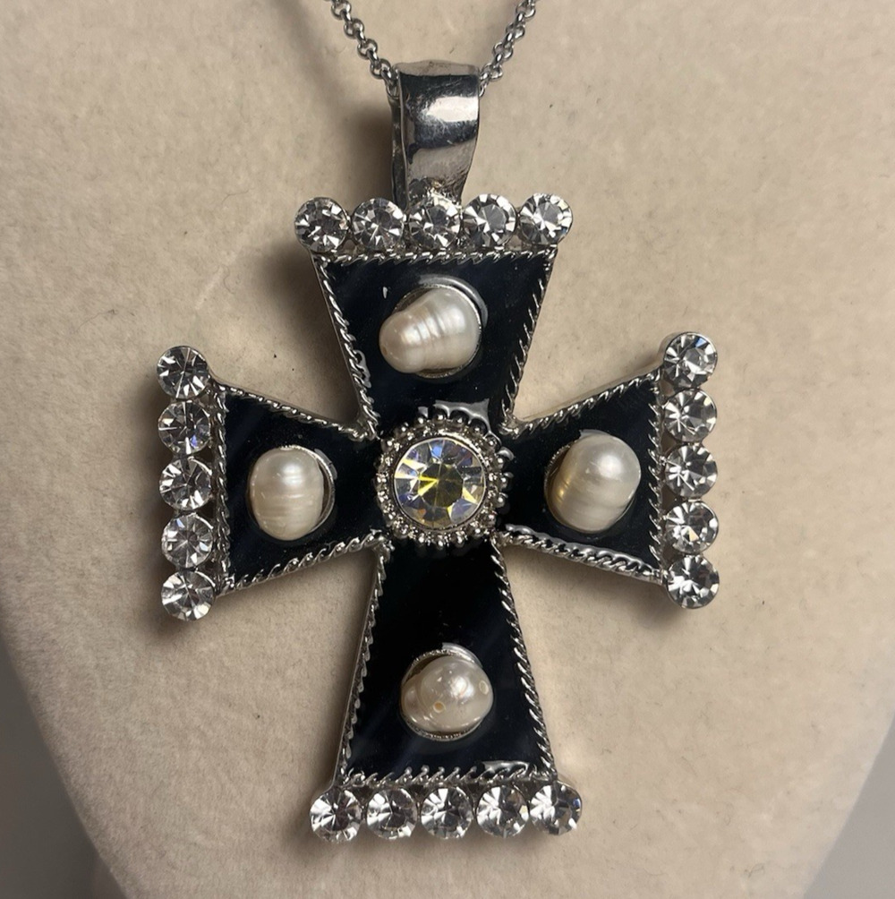 Chunky Byzantine Black Cross Necklace Baroque Pearl Rhinestone Magnetic Clasp 3"